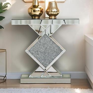 Imagem de blingworld Mesa de console espelhada, mesa de entrada prateada com acabamento em espelho em forma de diamante, mesa estreita de 80 cm de comprimento, mesa de sofá de vidro para entrada de corredor de sala de estar