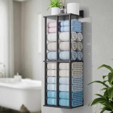 Imagem de Armazenamento de toalhas para banheiro, toalheiros pretos para banheiro, suporte de prateleira de toalha de madeira, organizadores e armazenamento de toalhas de banho montados na parede, organizador