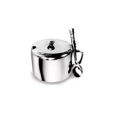 Imagem de Açucareiro em Aço Inox com Tampa de Vidro e Colher, Redondo, Cromado, 8,5cm Diâmetro, 152g, para Cozinha