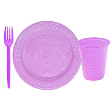 Imagem de Kit 300 Peças Descartáveis para Festa com 100 Copos 200ml + 100 Pratos 15cm + 100 Garfos 12cm | Ideal para Eventos, Aniversários, Churrascos e Refeições Coletivas (Lilas)