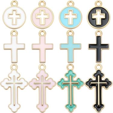 Imagem de SUNNYCLUE 1 caixa com 96 peças, 12 estilos, pingente de cruz esmaltada, berloques de brincos de Páscoa, pingentes de liga de ouro de metal a granel sortidos em forma de crucifixo com argola para fazer