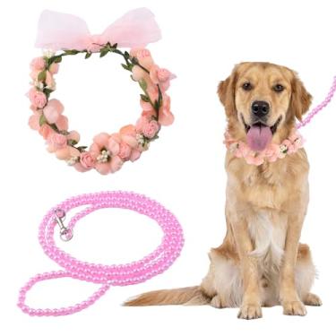 Imagem de HACRAHO Coleira de flores de casamento para cães com trelas de pérolas, faixa de cabeça de flor de cachorro elegante para cães, traje de casamento, grinalda, laço ajustável, guirlanda de casamento