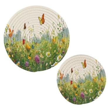 Imagem de Blueangle 2 peças de suporte de panela de flores silvestres em aquarela - conjunto de pegadores de panela de tecido redondo - almofadas quentes trançadas de algodão - porta-copos - tapetes de mesa