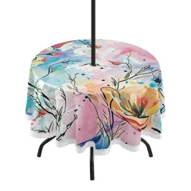 Imagem de ATTX Toalha de mesa redonda com estampa de flores em aquarela – 152 cm, impermeável, à prova de derramamento, uso interno/externo, com orifício para guarda-chuva com zíper para acampamento, piquenique