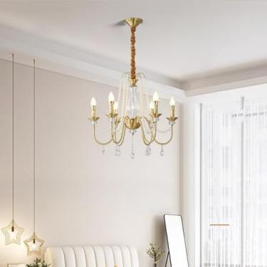 Imagem de Lustre de luxo em cobre e cristal - Luminária pendente moderna e minimalista em estilo francês para sala de estar, quarto e sala de jantar (3 lâmpadas)