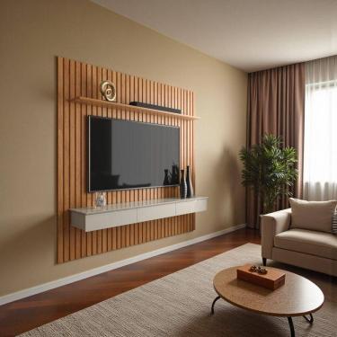 Imagem de Painel Ripado Para Tv Até 55” Home Antares Nicho 3 Gavetas E Prateleira Fixação Na Parede Patrimar Cinamomo/off Whit