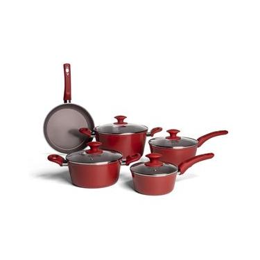 Imagem de Jogo de Panelas Brinox Antiaderente Ceramic Life 5 Peças Optima com Indução Vermelho Carmin Vermelho