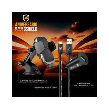 Imagem de Kit Suporte Veicular Tank Car Automatic + Cabo Turbo Militar - 1,5M - Tipo C / USB-A + Carregador Veicular Turbo One - Gshield