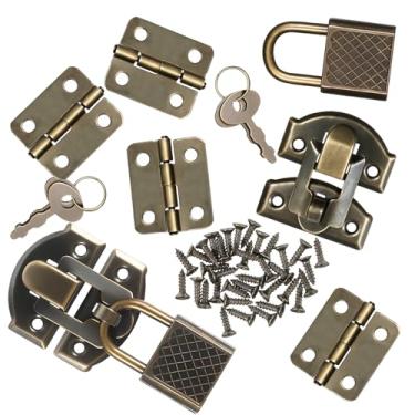 Imagem de Conjunto de 2 mini dobradiças e fechaduras de bronze antigo 27 x 30 mm com fechaduras com chaves fivela decorativa com parafusos dobradiças pequenas retrô para caixa de joias, artesanato faça você