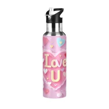 Imagem de Wassud Garrafa de água Love Heart de aço inoxidável esportiva com canudo garrafas de água isoladas copo portátil de viagem 623 g