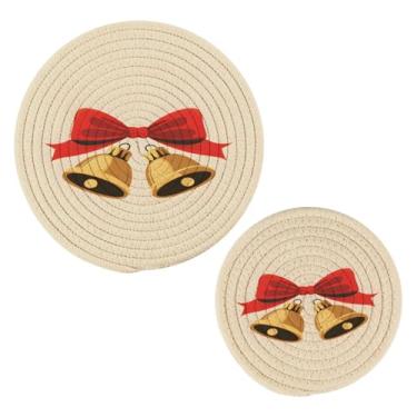 Imagem de Wassud Conjunto de tripé de sino de Natal para pratos quentes, suportes redondos de algodão, almofadas quentes, porta-copos elegantes, decoração de cozinha e acessórios, 2 peças