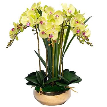Imagem de LMJYU Orquídea artificial flor falsa Phalaenopsis 8 orquídeas flores falsas com vaso dourado, decoração de salão de casamento arranjo de flores
