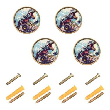 Imagem de CEBUGI Conjunto de 4 puxadores de armário de desenho animado de dinossauro e caminhão puxadores de gaveta redondos com parafusos puxadores de armário de cozinha para gaveta porta guarda-roupa cômoda