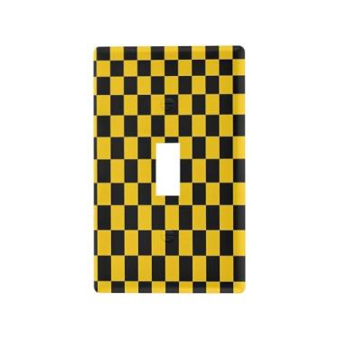 Imagem de Wassud Placa decorativa para tomada de luz, placa de parede para tomadas elétricas amarela e preta, interruptor único quadriculado 11 x 6 cm