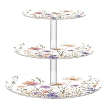 Imagem de CEBUGI Suporte de cupcake de 3 camadas, flores silvestres, suporte redondo para bolo, torre, bandeja de servir em camadas de acrílico para chá, chá de bebê, casamento e mais