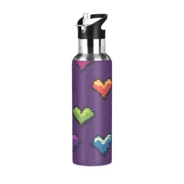 Imagem de Wassud Garrafa de água com corações pixelados arco-íris garrafa de água esportiva de aço inoxidável com canudo garrafas de água isoladas copo portátil de viagem 946 ml