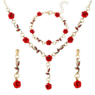 Imagem de RLHRNDE Conjunto de 3 peças de joias de rosa vermelha para mulheres, moda elegante, colar com pingente de flor, pulseira, brincos, casamento, dia dos namorados, festa de aniversário, joias para