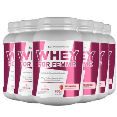Imagem de 6x whey for femme + colageno hidrolisado 900g morango hf suplementos