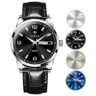 Imagem de Taxau Relógios de couro masculinos de luxo, analógicos, pulseira marrom, casual, número, relógio clássico, à prova d'água, mostrador grande, relógio social masculino com data de dia, luminoso, reloj