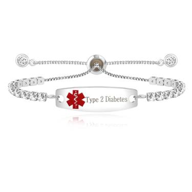 Imagem de Uloveido Pulseira personalizada de alerta médico de emergência - Pulseira de tênis de zircônia cúbica redonda, corrente deslizante ajustável, adjustable, Metal, Zircônia cúbica