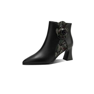 Imagem de TinaCus Bota feminina de cano curto, de couro legítimo, feita à mão, salto empilhado, com flor decorada, Preto, 35