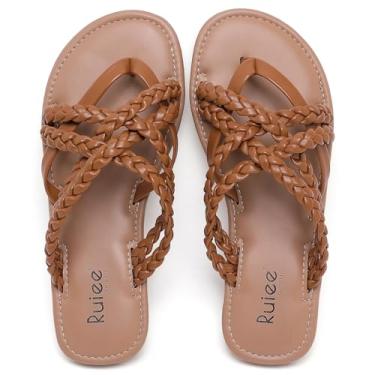 Imagem de Ruiee Sandálias rasteiras femininas de largura larga, chinelos de verão casuais trançados pés largos sandálias deslizantes confortáveis sandálias de dedo aberto sapatos de praia para mulheres., Tan Pu