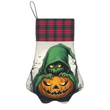 Imagem de SKKNT Meias de Natal com estampa de fantasma verde de horror Halloween Pumpkin 1 para animais de estimação, decoração de Natal, cães, gatos, árvore, presente conveniente