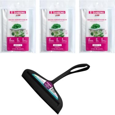 Imagem de Conjunto de 1 Rodo Plástico Multiuso Preto com Raspador 18cm + 3 Saco Abre e Fecha Hermético de 1 Litro