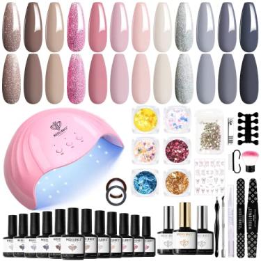 Imagem de modelones Kit de Esmalte Em Gel de 35 Unidades com Luz Uv Lâmpada de Unha de 48W - Kit de Manicure Em Gel Neutro Rosa Marrom de 12 Cores com Base Brilhante e Fosca, Ferramentas de Manicure para Arte Em Unhas, Salão de Beleza Em Casa