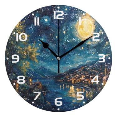 Imagem de JUZIHAI Relógio de parede com pintura de céu estrelado, silencioso, sem tique-taque, relógios de parede redondos, operados por bateria, fácil de ler, relógio decorativo de parede para casa, cozinha