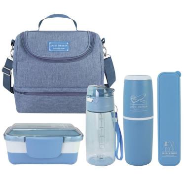 Imagem de Kit De Bolsa Térmica 2 Compartimentos, Marmita E Garrafa, Porta Talher E Porta Escova Azul