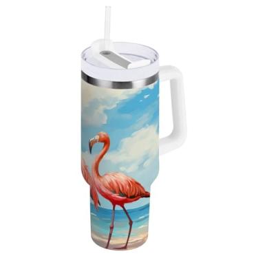 Imagem de ODAWA Copo grande com isolamento de praia flamingos com canudo e alça, copo isolado de aço com tampa 2 em 1