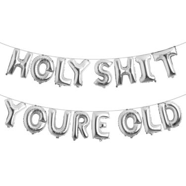 Imagem de Holy Shit You're Old Balloon Banner Decorações de aniversário, balões velhos como , faixa Happy Birthday for Over The Hill, suprimentos engraçados para decorações de aniversário de velhice (HOLY