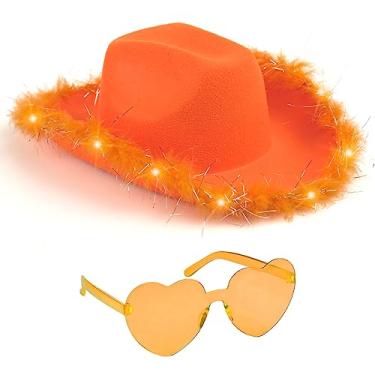 Imagem de Funcredible Chapéu de cowboy e óculos - chapéu de vaqueira iluminado para meninas - Chapéu de cowboy com penas, Laranja, tamanho �nico