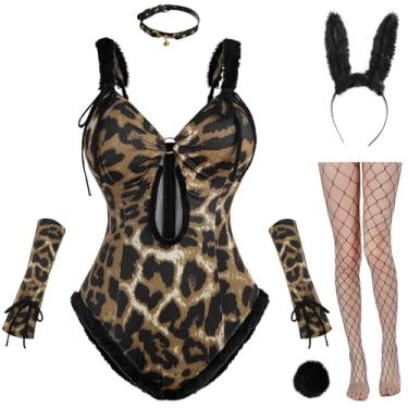 Imagem de Nuoqi Conjunto de fantasia feminina de coelhinho com estampa de leopardo para cosplay sexy adulto, Marrom, GG