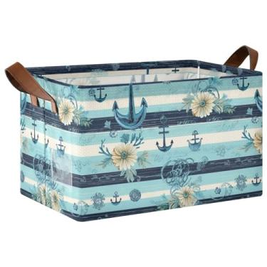 Imagem de Âncoras listradas, flores, cestas azuis para prateleiras com alças, caixas organizadoras de armário dobráveis para organização e armazenamento de quarto, 17 x 29 x 25 cm, 1 pacote