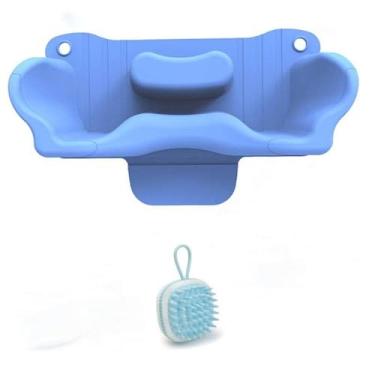 Imagem de Triplgoat Lavatório de cabelo infantil, tigela de xampu portátil azul celeste com suporte de pescoço, design sem rasgos, inclui escova de massagem
