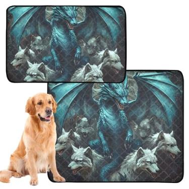 Imagem de TSENQUE Tapetes reutilizáveis com estampa de dragão azul lobo para animais de estimação, lavável à prova d'água, tapete para gaiola de cachorro, absorventes fofos, pequenos, pacote com 3