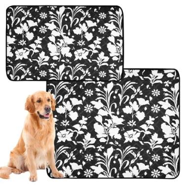 Imagem de TSENQUE Almofadas de xixi para cães, laváveis, brancas, com silhuetas florais pretas para animais de estimação, tapete reutilizável à prova d'água para gaiola de cachorro, absorventes de parto