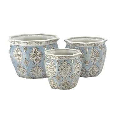 Imagem de Galt International Conjunto de 3 vasos de flores de porcelana floral canelada, azul claro e branco, com 3 vasos de jardim, design chinês e asiático