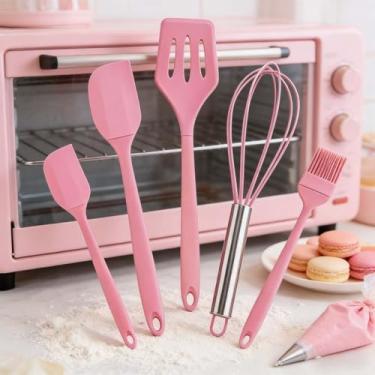 Imagem de Conjunto de 5 espátulas de borracha, raspador de tigela de silicone e colher de espátula plana para cozinha, utensílios de cozinha flexíveis resistentes ao calor (rosa)