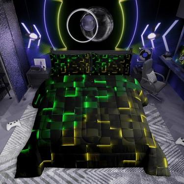 Imagem de Erosebridal Jogo de cama solteiro preto verde amarelo, xadrez geométrico 3D, edredom geométrico neon gradiente, decoração de quarto de jogos abstratos para crianças, meninos e meninas, 1 fronha