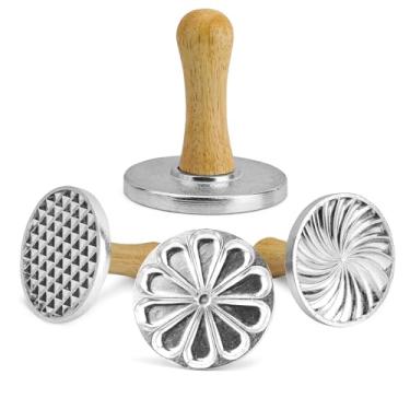 Imagem de 3 carimbos de biscoito para assar biscoitos, molde de cortador de prensa de biscoito de metal com cabo de madeira, carimbos de biscoito para assar faça-você-mesmo, bolo, pastelaria (prata)