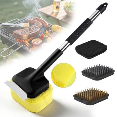 Imagem de Escova de grelha com raspador, escova de grelha sem cerdas para churrasqueira ao ar livre, escova de limpeza de grelha com 4 cabeças de substituição, escova de limpeza segura para ferro fundido