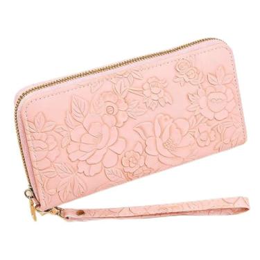 Imagem de Carteira feminina longa dobrável de couro com porta-cartões com fivela com zíper elegante clutch carteira feminina, rosa, Tendência