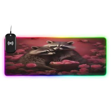 Imagem de CEBUGI Raccoon Rose Mouse Pad de carregamento sem fio 15 W rápido para jogos com 14 iluminação LED RGB para jogos, PC, laptop, mesa 80 x 30 cm