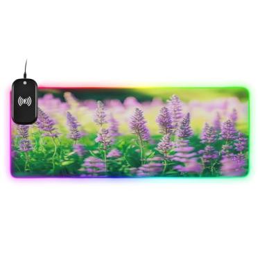 Imagem de CEBUGI Mouse pad de carregamento sem fio Lavender 15 W rápido para jogos com iluminação LED 14 RGB para jogos, PC, laptop, mesa 90,9 x 39,9 cm