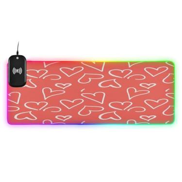 Imagem de CEBUGI Mouse pad de carregamento sem fio padrão de corações 15 W mouse pad rápido para jogos com 14 iluminação LED RGB para jogos, PC, laptop, mesa 90,9 x 39,9 cm