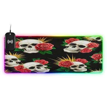 Imagem de CEBUGI Skulls Mouse Pad de carregamento sem fio 15 W mouse pad rápido para jogos com 14 iluminação LED RGB para jogos, PC, laptop, mesa 90,9 x 39,9 cm