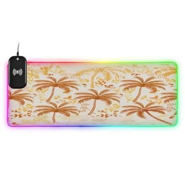 Imagem de CEBUGI Mouse pad de carregamento sem fio Palm Trees 15 W rápido para jogos com iluminação LED 14 RGB para jogos, PC, laptop, mesa 90,9 x 39,9 cm